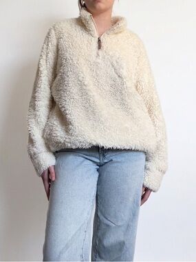 Original Weatherproof Vintage Cream Sherpa Quarter-Zip Pullover Fleece Sweater L